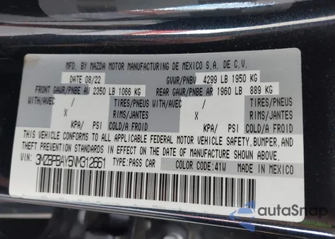 2022 Mazda Mazda3 2.5 Turbo z USA, uszkodzony, nr VIN 3MZBPBAY5NM312661